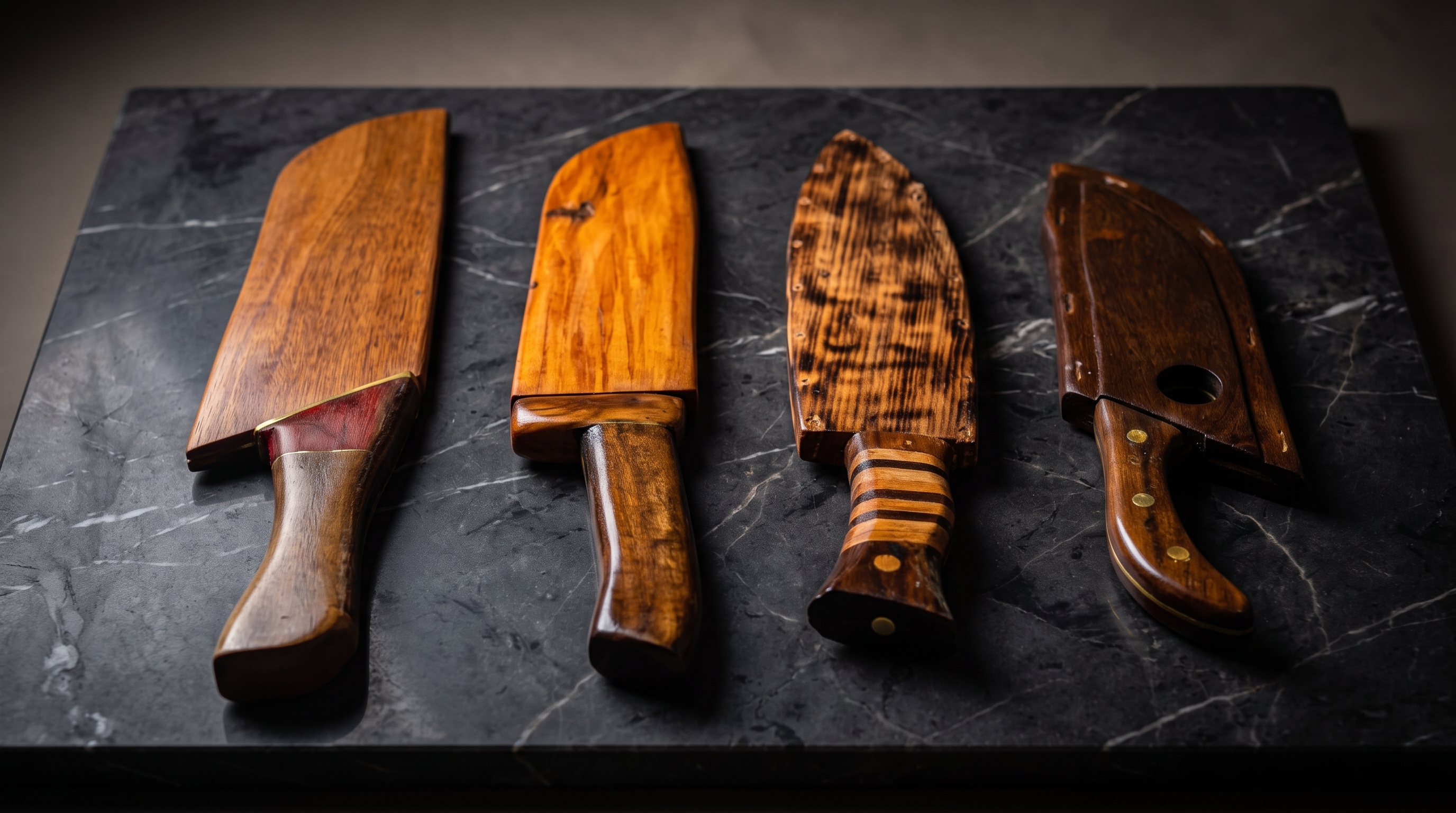 Conjunto de 4 facas artesanais com cabos e bainhas em madeira nobre